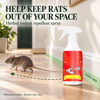 Illustration of a rat moving away from a treated wall edge beside herbal repellent spray