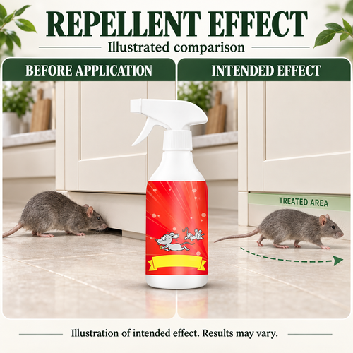 Illustrated comparison of rodent activity before application and intended repellent effect