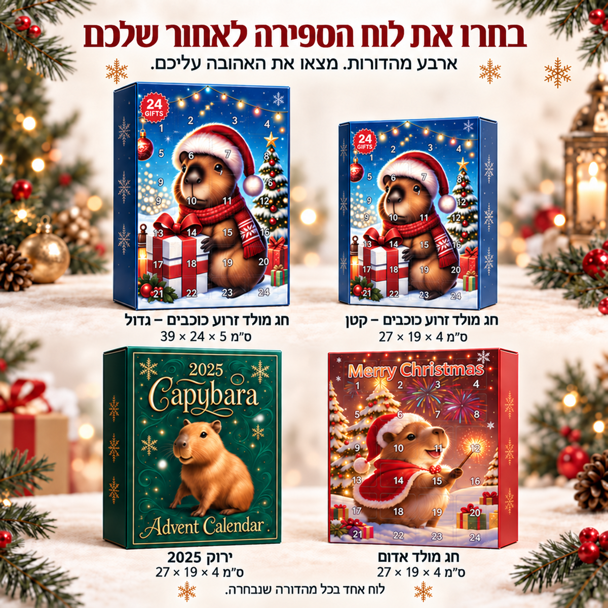 ארבע מהדורות לבחירה: כחול גדול, כחול קטן, ירוק 2025 ואדום