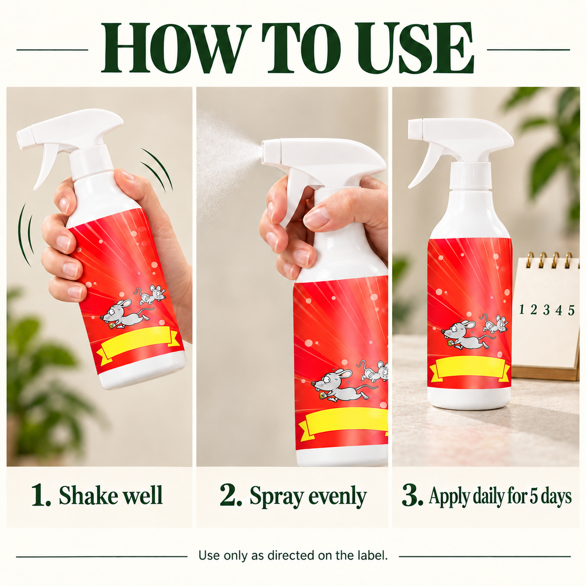 Shake well, spray evenly, and apply daily for five days