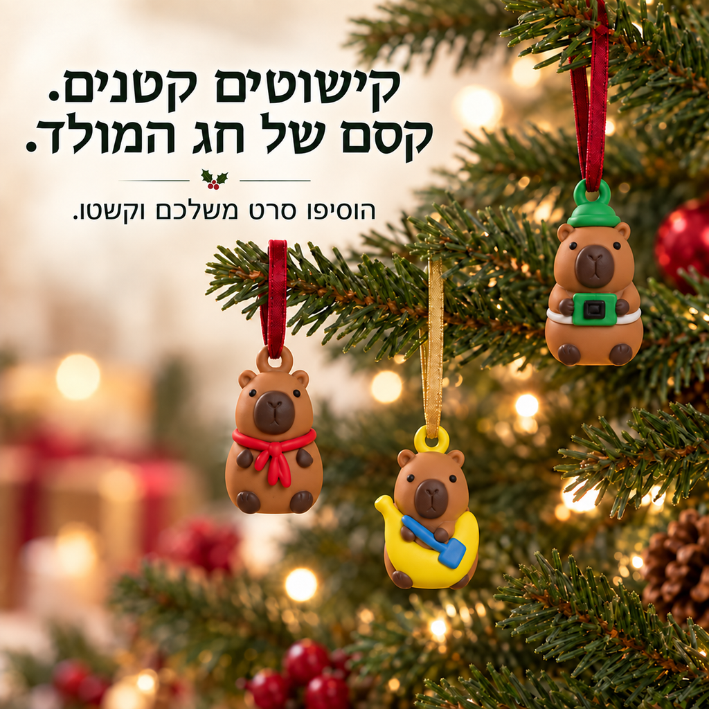 דמויות קפיברה לצד קישוטי עץ חג המולד
