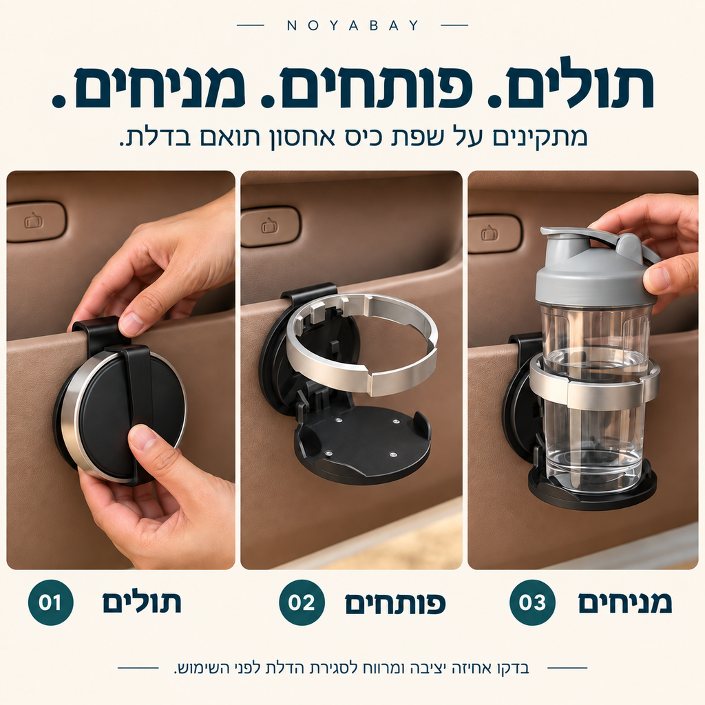 שלושה שלבי שימוש במחזיק הכוס: תולים, פותחים ומניחים